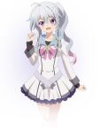  1girl 9-nine- :d ahoge arm_at_side belt blush bow bowtie braid breasts buttons clenched_hand cowboy_shot double-breasted dress frilled_dress frills green_ribbon grey_belt grey_hair hair_between_eyes hair_ribbon hand_up happy highres long_hair long_sleeves looking_at_viewer medium_breasts niimi_sora official_art open_mouth pink_bow pink_bowtie pleated_dress promotional_art purple_eyes ribbon school_uniform short_dress side_ponytail sidelocks simple_background single_braid sleeves_past_wrists smile solo transparent_background wavy_hair white_dress 