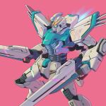  beam_cannon blue_eyes bmwsb0 earth_federation english_commentary f91_gundam f91_gundam_mp_type glowing glowing_eyes gundam gundam_f91 highres mecha mecha_focus mobile_suit no_humans original pink_background redesign robot science_fiction thrusters v-fin 