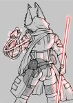 absurd_res alien anthro apollo_caelum armor butt cloak clothed clothing digital_media_(artwork) dragon electricity exposed_butt fishnet_clothing gauntlets gloves half-length_portrait handwear hi_res light lighting lightsaber male mask melee_weapon mythological_creature mythological_scalie mythology portrait rear_view scalie sith skimpy solo star_wars tookiecookies tube weapon