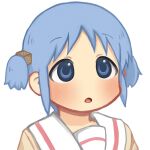  1girl blue_eyes blue_hair cube_hair_ornament hair_ornament naganohara_mio naganoharamiomio nichijou open_mouth portrait sailor_collar school_uniform short_hair short_twintails simple_background solo tokisadame_school_uniform twintails white_background white_sailor_collar 