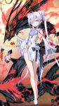  1girl black_gloves china_dress chinese_clothes choco_(chocolate_shop) dragon dress eastern_dragon fate/grand_order fate_(series) gloves grey_hair hair_ornament highres long_hair looking_at_viewer melusine_(fate) thighs twintails white_dress yellow_eyes 