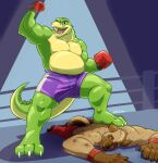belly bottomwear boxing boxing_gloves boxing_shorts brok_(brok_the_investigator) brok_the_investigator bruised clothing cowcat_games crocodile crocodilian handwear hi_res hyena low-angle_view male mammal muscular reptile ring scalie shorts sport spotted_hyena standing_on_another stepped_on yarem4