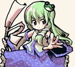  brown_eyes chibi detached_sleeves frog_hair_ornament frown gohei green_hair hair_ornament kochiya_sanae long_hair looking_at_viewer meta'36 outstretched_hand rope snake_hair_ornament solo touhou 