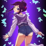  ass back blouse bow bug butterfly grey_eyes haruyama_kazunori insect looking_at_viewer lowres naitou_lunna purple_background purple_blouse purple_hair shirt short_shorts shorts smile solo white_legwear white_shirt yuusha_series yuusha_tokkyuu_might_gaine 