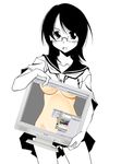  :o adobe_photoshop breasts fujiyoshi_harumi glasses k.m.station large_breasts medium_breasts monitor monochrome open_mouth sayonara_zetsubou_sensei school_uniform serafuku short_hair skirt solo underboob x-ray 