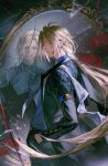 blonde_hair broken_mirror clothing detailed_background duetrofl formal_clothing glass hair hi_res hugo_vlad humanoid humanoid_pointy_ears jacket long_hair male mihoyo mirror necktie pointy_ears ponytail smile solo topwear zenless_zone_zero