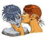 2025 4_fingers accessory bingoblin black_ear_piercing black_lips blue_hair blush blush_lines bust_portrait clothed clothed_female clothed_humanoid clothing colored digital_drawing_(artwork) digital_media_(artwork) duo ear_piercing ear_ring ear_tuft english_description eyebrow_through_hair eyebrows eyelashes eyes_closed female female/female fingers grey_clothing grey_topwear hair hair_accessory hair_over_eye hair_tie hi_res holding_face humanoid humanoid_pointy_ears hybrid kissing_cheek light lighting lips looking_at_another looking_at_partner mammal multicolored_hair not_furry orange_body orange_hair orange_lips orange_skin orc piercing pigtails pointy_ears portrait red_river_hog ring_piercing river_pig shaded short_hair simple_background skull_ear_piercing suid suine sus_(pig) topwear translucent translucent_hair tuft tusks visayan_warty_pig white_background white_eyebrows white_hair white_hair_tie yellow_eyes