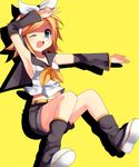 :d armpits belt blonde_hair blue_eyes bow detached_sleeves headphones jumping kagamine_rin leg_warmers midriff one_eye_closed open_mouth outstretched_arm shirt shoes shorts sleeveless sleeveless_shirt smile solo subaru_(yachika) v vocaloid 
