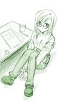  asymmetrical_hair breasts cleavage coffee from_above glasses green himura_kiseki large_breasts leg_hug looking_at_viewer monochrome off_shoulder original sitting sketch smile solo strap_slip sweater 