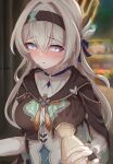  1girl absurdres black_gloves black_hairband blue_pupils blurry blurry_background blush bridal_gauntlets firefly_(honkai:_star_rail) gloves grabbing_another&#039;s_breast grey_hair groping guided_breast_grab guiding_hand hairband highres honkai:_star_rail honkai_(series) long_hair long_sleeves neckerchief orange_neckerchief pov pov_hands purple_eyes shirt smile solo_focus tefutefufu white_shirt 