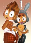 anthro benjamin_(bloons) bloons_tower_defense blush bunny_costume chastity_cage chastity_device clothing costume duo fangs femboy fishnet_clothing fishnet_legwear flat_chastity_cage haplorhine hi_res legwear looking_at_viewer male mammal monkey monkiebrained ninja_kiwi nipples primate quincy_(bloons) reverse_bunny_costume surprise teeth unwanted_exposure