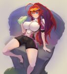  1girl absurdres ahoge barefoot bike_shorts blue_eyes bodysuit breasts covered_nipples eyewear_on_head feet high_school_dxd highres huge_ahoge large_breasts long_hair multicolored_bodysuit nipples ponytail purple_bodysuit red_hair rias_gremory short_sleeves solo sportswear tinted_eyewear toes veeveer_art very_long_hair white_bodysuit 