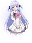  1girl 9-nine- :d arm_at_side belt black_bow blue_eyes blunt_bangs blush bow bowtie breasts butterfly_hair_ornament buttons clenched_hand collarbone double-breasted dress feet_out_of_frame frilled_dress frills grey_belt hair_bow hair_intakes hair_ornament hand_up happy highres impossible_clothes kousaka_haruka large_breasts long_hair long_sleeves looking_at_viewer official_art open_mouth pink_bow pink_bowtie promotional_art purple_hair school_uniform short_dress sidelocks simple_background smile solo standing straight_hair thighhighs transparent_background two_side_up very_long_hair white_dress white_thighhighs zettai_ryouiki 