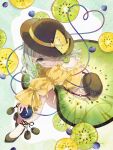  1girl black_eyes black_shoes closed_mouth clothing_cutout commentary_request food food_print fruit fruit_earrings fruit_print green_eyes green_hair green_skirt hat hat_ribbon heart heart_of_string kiwi_(fruit) kiwi_print kiwi_slice knees_to_chest komeiji_koishi long_sleeves looking_at_viewer medium_hair ribbon shirt shoes shoulder_cutout sitting skirt solo third_eye touhou toutenkou twitter_username watermark yellow_ribbon yellow_shirt 