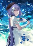  1girl ahoge beret blue_hair breasts commentary crescent_moon dress english_commentary flower griseo griseo_(starry_impression) hair_flower hair_ornament hat holding holding_paint_palette holding_paintbrush honkai_(series) honkai_impact_3rd long_hair moon night night_sky open_mouth paint_palette paintbrush prickly-chan_(ycactussprout) purple_eyes sky small_breasts solo star_(sky) starry_sky white_dress 
