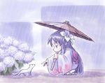  cat copyright_request flower hydrangea japanese_clothes kimono oriental_umbrella rain solo tomomimi_shimon umbrella 