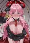  1girl ? black_collar black_dress black_gloves black_horns blue_archive blush bra bra_lift breasts ceroccb cleavage clothes_lift coin coin_on_string collar collarbone commentary detached_collar dress dress_lift gloves grey_background halo heavy_breathing highres holding holding_pendulum holed_coin horns huge_breasts hypnosis lifting_own_clothes long_hair long_sleeves mind_control mole mole_on_breast multicolored_horns necktie open_mouth pendulum pink_hair red_bra red_garter_straps red_halo red_horns red_necktie red_wrist_cuffs saliva satsuki_(blue_archive) self_hypnosis shiny_skin solo sweat teeth thighs two-tone_horns underwear wrist_cuffs yellow_eyes 