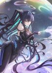 1girl absurdres accessories aqua_hair backless_bodysuit bare_shoulders black_bodysuit black_hair black_nails bodysuit breasts bubble cleavage colored_inner_hair dutch_angle elbow_gloves eru_(eru_illust) fingerless_gloves folded_hair gloves goddess_of_victory:_nikke hair_between_eyes hair_intakes highres honeycomb_(pattern) honeycomb_print little_mermaid_(nikke) long_hair multicolored_hair pink_lips see-through_cleavage see-through_clothes solo twintails very_long_hair yellow_eyes 