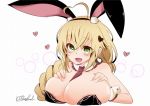  :d ahoge animal_ears areola_slip areolae balloon_vine_(flower_knight_girl) between_breasts blonde_hair braid breasts bunny_ears bunnysuit deep_skin detached_collar earrings flower_knight_girl green_eyes heart heart-shaped_pupils huge_breasts jewelry kasagland long_hair looking_at_viewer necktie necktie_between_breasts open_mouth red_neckwear self_fondle shiny shiny_skin signature simple_background smile solo symbol-shaped_pupils white_background wrist_cuffs 