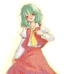  :d ascot blush collar fang green_hair kazami_yuuka nametake open_mouth plaid plaid_skirt plaid_vest red_eyes seductive_smile short_hair skirt skirt_set smile solo touhou untying vest white_background 