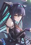  1girl accessories aqua_hair backless_bodysuit bare_shoulders black_bodysuit black_hair bodysuit breasts bubble cleavage colored_inner_hair eru_(eru_illust) folded_hair gloves goddess_of_victory:_nikke hair_intakes halterneck highres honeycomb_(pattern) honeycomb_print little_mermaid_(nikke) long_hair multicolored_hair see-through_bodysuit see-through_cleavage see-through_clothes shiny_eyes solo twintails upper_body very_long_hair yellow_eyes 