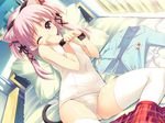  animal_ears bed breasts cat_ears game_cg kawata_hisashi nanako_(to_heart_2) one-piece_swimsuit one_eye_closed pillow pink_hair school_swimsuit small_breasts solo swimsuit tail thighhighs to_heart_2 to_heart_2_ad twintails undressing white_school_swimsuit white_swimsuit 