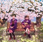  2girls :d acoustic_guitar bench black_hair black_socks black_sweater_vest blazer branch brown_shoes cherry_blossoms closed_eyes closed_mouth collared_shirt crossed_legs dappled_sunlight dress_shirt full_body futsuu_no_keion-bu grass guitar hair_ornament hairpin hatono_chihiro highres instrument jacket kouyama_rin loafers long_sleeves medium_hair multiple_girls music nature neck_ribbon on_bench open_clothes open_jacket outdoors parted_bangs pink_petals pixie_cut playing_guitar playing_instrument pleated_skirt purple_jacket purple_skirt red_ribbon ribbon rra_(yj) school_uniform shade shirt shoes short_hair sitting skirt smile socks spring_(season) standing sunlight sweater_vest tree tree_shade u_u under_tree white_shirt white_socks wing_collar winter_uniform 