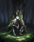  1boy against_tree armor arrow_(projectile) arrow_in_body blood blood_on_weapon chainmail cloak commentary covered_face curled_fingers dark dark_souls_(series) dark_souls_ii elbows_on_knees english_commentary forest full_body gauntlets grass greaves heide_knight helm helmet hunched_over injury knees_up knight light_rays long_sword looking_down male_focus merchandise_available moss nature on_ground pauldrons planted planted_sword plate_armor poleyn sabaton shoulder_armor sitting solo straight-on sword torn_cloak torn_clothes tree vertigris weapon white_cloak 