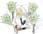 anthro beverage blue_eyes brown_body brown_fur canid canine clothing collared_shirt dreamworks dress_shirt drinking_straw fur glass green_body group hand_on_shoulder hi_res humanoid innocence innocent_expression larger_male looking_at_another male mammal necktie ogre overweight overweight_male shirt shrek_(character) shrek_(series) simple_background sinzer size_difference smaller_anthro smaller_male standing topwear what white_background wide_smile