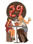  2girls absurdres andranof_pepesha bare_arms bare_shoulders beer_mug blonde_hair blush brown_hair brown_pantyhose bukimi_isan chair cup eating food glass highres holding holding_cup hood hood_down hoodie long_hair meat momijiyama_teru mug multiple_girls pantyhose pleated_skirt ponytail red_hoodie shoes shy_(series) sitting skirt smile socks table white_background white_skirt 