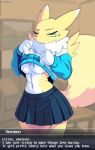 absurd_res ando anthro bandai_namco black_sclera bottomwear breasts canid canine clothing digimon digimon_(species) female fur hi_res hoodie mammal pleated_skirt pouting renamon skirt solo topwear under_boob white_body white_fur yellow_body yellow_fur
