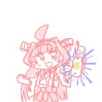  1girl :3 ahoge cellphone commentary_request cowboy_shot ferret-san headgear highres holding holding_phone japanese_clothes kantai_collection kongou_(kancolle) looking_at_viewer monochrome nontraditional_miko phone red_theme smile solo standing 