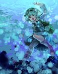  aqua_hair backpack bag blue_skirt boots cis_(carcharias) full_body green_eyes hair_bobbles hair_ornament hat kawashiro_nitori key long_sleeves looking_at_viewer open_mouth reeds skirt solo touhou twintails two_side_up underwater 