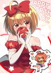  2girls ahoge akai_ringo_(tokyo_mew_mew) apple bow breasts brown_eyes brown_hair chibi chibi_inset commentary_request detached_sleeves dress dual_persona english_text food fruit gloves hair_bow happy_birthday highres holding holding_food holding_fruit hs1122 looking_at_viewer magical_girl mew_ringo multiple_girls name_connection object_namesake puffy_detached_sleeves puffy_sleeves red_bow red_dress short_hair small_breasts solo_focus strapless strapless_dress tokyo_mew_mew white_gloves 