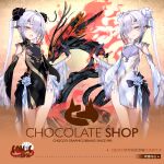  2girls black_dress black_gloves china_dress chinese_clothes choco_(chocolate_shop) dragon dress eastern_dragon fate/grand_order fate_(series) gloves grey_hair hair_ornament highres long_hair looking_at_viewer melusine_(fate) multiple_girls thighs twintails white_dress 