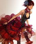  black_legwear breasts checkered checkered_legwear cleavage copyright_request dress flower garters medium_breasts panamaman red_hair short_hair solo thighhighs 