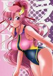  armpits bangs blue_eyes blush bow breasts competition_swimsuit curvy doujinshi gradient gradient_background gundam gundam_seed gundam_seed_destiny hair_bow hair_ornament highres lacus_clyne large_breasts leaning_forward long_hair looking_at_viewer naughty_face navel non-web_source one-piece_swimsuit parted_bangs pink_hair polka_dot polka_dot_background ponytail scan shiny shiny_hair side_slit skin_tight smile solo speedo_(company) standing suzuki_address swimsuit thighs very_long_hair wet 