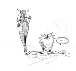 ... 1boy 1girl bow elbow_pads female_rover_(wuthering_waves) hair_bow long_hair low_ponytail ponytail puff_of_air rover_(wuthering_waves) scar_(wuthering_waves) singwee sketch spoken_ellipsis through_ground wuthering_waves 