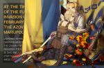  1girl 2girls ak-47 assault_rifle axis_powers_hetalia azov_battalion between_legs black_eyes blonde_hair boots breasts bulletproof_vest chain chained collar earrings ears_visible_through_hair english_text fingerless_gloves flag flower frown gloves gun hairband hat highres holding holding_chain jacket jewelry kalashnikov_rifle kneeling lace-up_boots load_bearing_vest looking_at_viewer looking_down marichka military military_uniform multiple_girls naked_bulletproof_vest narrowed_eyes ordiel2417 original personification pouch rifle russo-ukrainian_war shashka short_hair soldier sunflower tattoo tryzub ukraine ukraine_(hetalia) ukrainian_flag war weapon wolfsangel 