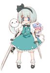  :3 =_= bangs black_footwear bloomers blue_eyes blunt_bangs blush_stickers dual_wielding full_body green_skirt hair_ribbon hat hitodama holding holding_sword holding_weapon konpaku_youmu konpaku_youmu_(ghost) looking_at_viewer maitou mob_cap multiple_girls pink_hair puffy_sleeves ribbon saigyouji_yuyuko sheath shoes short_hair silver_hair simple_background skirt skirt_set socks standing sword touhou triangular_headpiece underwear vest weapon white_background white_bloomers white_legwear 