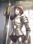  armor brown_hair eika_(artist) first_blade hands_on_hilt knight original purple_eyes solo sword weapon 
