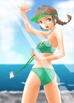  akizuki_ritsuko bikini blue_sky braid brown_hair cloud cowboy_shot day from_behind glasses horizon idolmaster idolmaster_(classic) idolmaster_1 lanyard looking_back open_mouth outdoors sky solo swimsuit t2r visor_cap water 