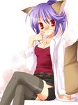  animal_ears blush breasts cleavage duplicate fox_(trickster) fox_ears fox_tail glasses labcoat medium_breasts mofmof_(sousa) pencil_skirt purple_hair red_eyes short_hair sitting skirt solo tail thighhighs trickster zettai_ryouiki 