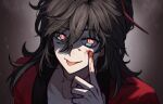  1boy :p akanbe black_hair blood blood_on_face blood_on_hands brown_hair chinese_clothes chinese_commentary coat collarbone dao_gui_yi_xian extra_pupils eyelid_pull green_eyes hair_between_eyes hair_ribbon half_updo hand_up hanfu highres hong_zhong index_finger_raised li_huowang long_hair looking_at_viewer male_focus multicolored_eyes ponytail portrait red_coat red_eyes red_ribbon ribbon scar scar_on_neck shade smile solo tongue tongue_out upper_body wuyinwanzai 