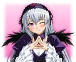  frilled_sleeves frills head_tilt ichikawa_masahiro long_hair one_eye_closed pink_eyes rozen_maiden silver_hair smile solo steepled_fingers suigintou upper_body wings 