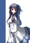  ainu_clothes aruruw black_hair blue_eyes blush dress fictional_sister looking_at_viewer silhouette simple_background solo utawareru_mono white_background white_dress wide_sleeves 