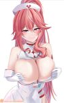  1girl azur_lane blush breasts curvy elbow_gloves franklin_(azur_lane) franklin_(heart-throbbing_records)_(azur_lane) gigantic_breasts gloves hat huge_breasts immortalboobs large_breasts long_hair mature_female narrowed_eyes nurse nurse_cap official_alternate_costume plump smile white_gloves wide_hips 