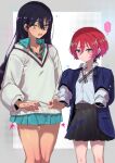 ... 2girls ^^^ amate_yuzuriha amate_yuzuriha_(cosplay) ass_visible_through_thighs black_hair black_skirt blue_jacket blue_shirt blue_skirt blush closed_mouth collared_shirt commentary_request cosplay costume_switch diagonal-striped_clothes diagonal-striped_necktie dress_shirt green_eyes grey_sweater gundam gundam_gquuuuuux hair_between_eyes jacket long_hair long_sleeves multiple_girls necktie nyaan_(gundam_gquuuuuux) nyaan_(gundam_gquuuuuux)_(cosplay) open_clothes open_jacket open_mouth oversized_clothes panties pleated_skirt puffy_long_sleeves puffy_sleeves red_hair shirt short_hair skirt sleeves_past_fingers sleeves_past_wrists speech_bubble spoken_ellipsis striped_clothes sweater tajima_ryuushi thigh_gap underwear very_long_hair wavy_mouth white_panties 