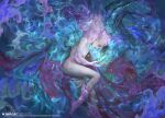  1boy 2girls claws closed_eyes colored_skin copyright_name copyright_notice crystal father_and_daughter final_fantasy final_fantasy_vi highres horns hug madeline_(ff6) maduin_(ff6) magic:_the_gathering mother_and_daughter multiple_girls official_art pink_hair pink_skin pointy_ears solan terra_branford trance_terra_branford 