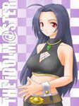  ahoge bare_shoulders blue_hair breasts cleavage cleavage_cutout cool_&amp;_sexy_(idolmaster) halterneck idolmaster idolmaster_(classic) idolmaster_1 jewelry large_breasts long_hair midriff miura_azusa necklace purple_hair red_eyes sleeveless sleeveless_turtleneck solo t2r turtleneck 